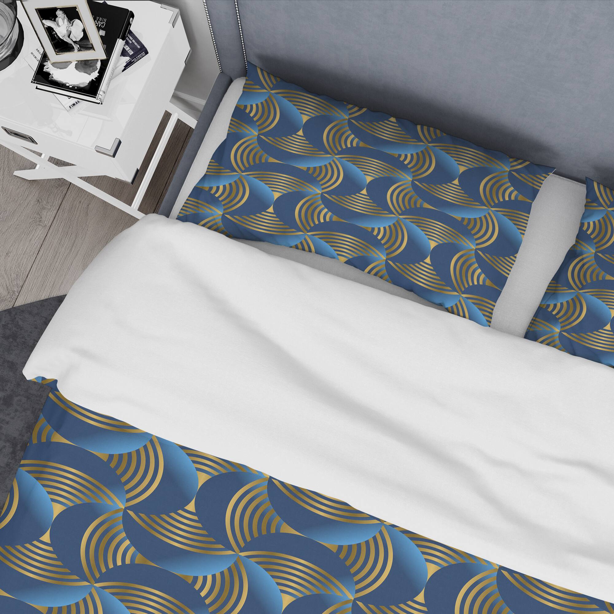 Designart 'Geometric abstract waves in gold and marine blue' Mid-Century Duvet Cover Set